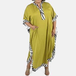 CROCKET GREEN ZEBRA PRINT MIX POCKETS FULL LENGTH CAFTAN DRESS COVERUP KAFTAN